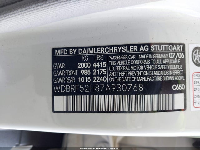 44974896 :رقم المزاد ، WDBRF52H87A930768 vin ، 2007 Mercedes-benz C 230 Sport مزاد بيع