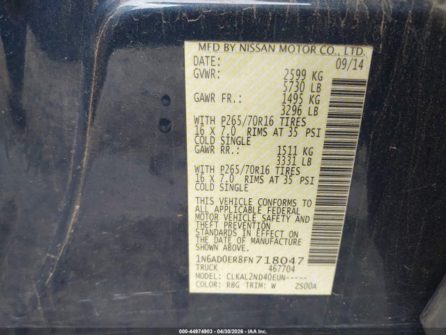 2015 Nissan Frontier Sv მანქანა იყიდება აუქციონზე, vin: 1N6AD0ER8FN718047, აუქციონის ნომერი: 44974903