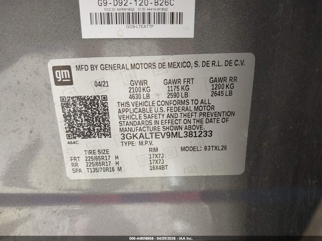 Aukcja sprzedaży 2021 Gmc Terrain Awd Sle, vin: 3GKALTEV9ML381233, numer aukcji: 44974904