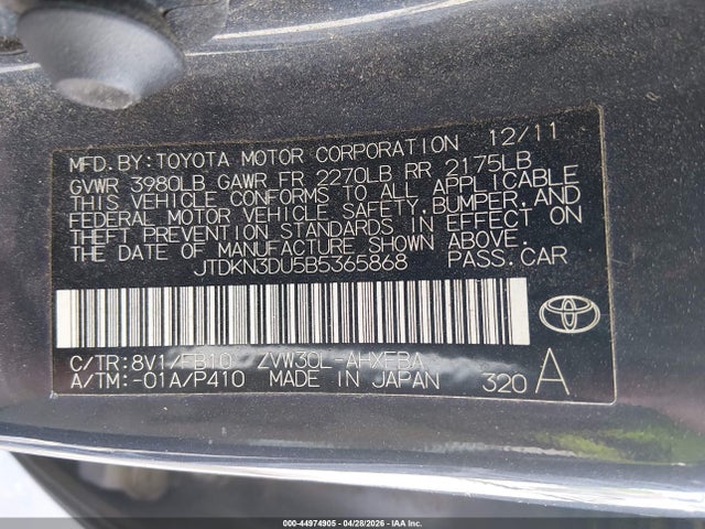 Aukcja sprzedaży 2011 Toyota Prius Two, vin: JTDKN3DU5B5365868, numer aukcji: 44974905
