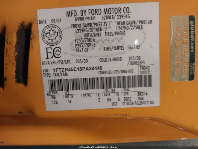 44974907 :رقم المزاد ، 1FTZR45E18PA28448 vin ، 2008 Ford Ranger Fx4 Off-road/sport/xlt مزاد بيع