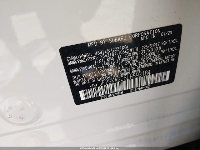 Продажа на аукционе авто 2020 Subaru Forester Premium, vin: JF2SKAGC6LH593184, номер лота: 44974927