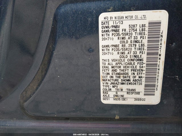 44974932 :رقم المزاد ، JN8AZ1MW1EW506735 vin ، 2014 Nissan Murano Le مزاد بيع