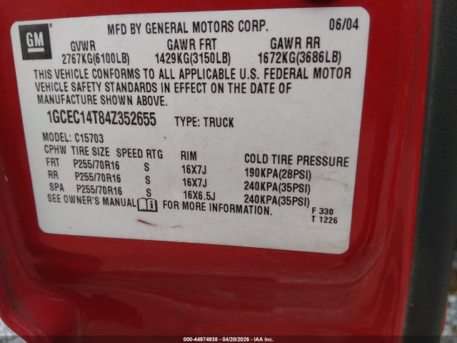 44974938 :رقم المزاد ، 1GCEC14T84Z352655 vin ، 2004 Chevrolet Silverado 1500 Ls مزاد بيع