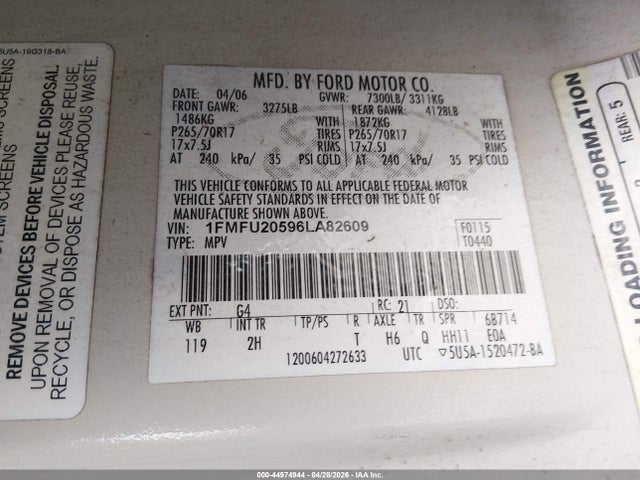 44974944 :رقم المزاد ، 1FMFU20596LA82609 vin ، 2006 Ford Expedition Limited مزاد بيع