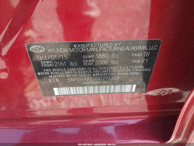Aukcja sprzedaży 2016 Hyundai Elantra Value Edition, vin: 5NPDH4AE0GH771308, numer aukcji: 44974947
