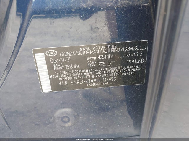44974961 :رقم المزاد ، 5NPEG4JA9NH147993 vin ، 2022 Hyundai Sonata Se مزاد بيع