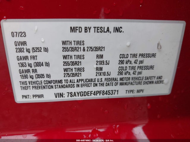 Продаж на аукціоні авто 2023 Tesla Model Y Performance Dual Motor All-wheel Drive, vin: 7SAYGDEF4PF845371, номер лоту: 44974963