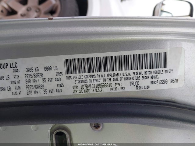 2011 Ram 1500 Laramie მანქანა იყიდება აუქციონზე, vin: 1D7RV1CT1BS599816, აუქციონის ნომერი: 44974966