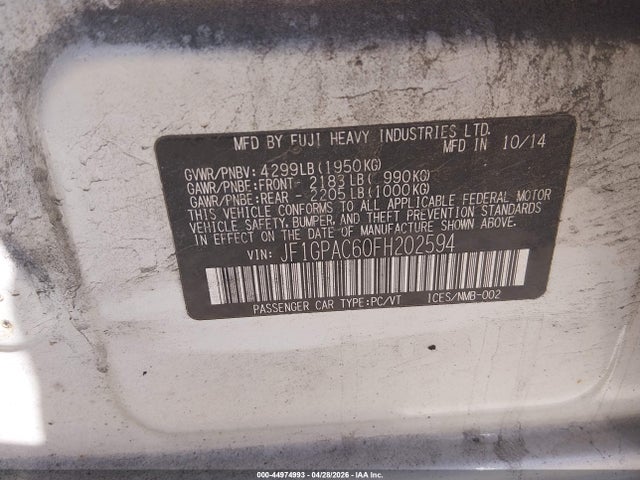 Продажа на аукционе авто 2015 Subaru Impreza 2.0i Premium, vin: JF1GPAC60FH202594, номер лота: 44974993