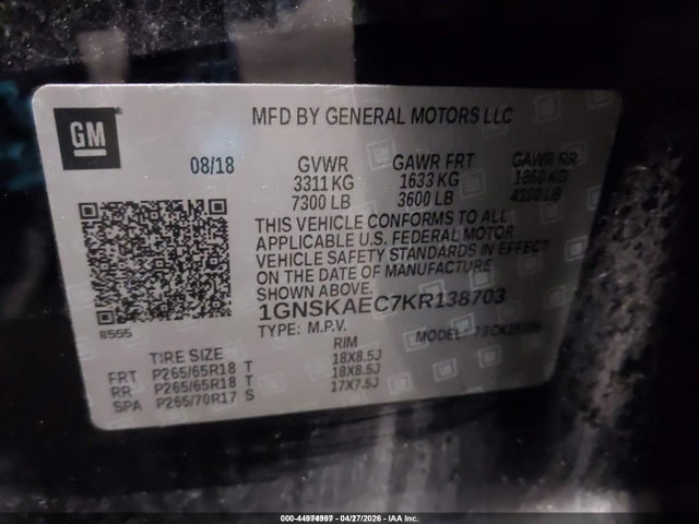 44974997 :رقم المزاد ، 1GNSKAEC7KR138703 vin ، 2019 Chevrolet Tahoe Ls مزاد بيع
