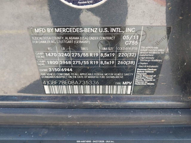 Продаж на аукціоні авто 2011 Mercedes-benz Gl 450 4matic, vin: 4JGBF7BE0BA735336, номер лоту: 44974995