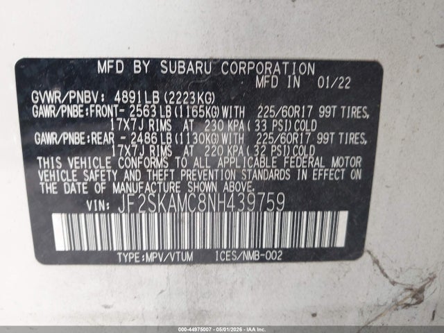 44975007 :رقم المزاد ، JF2SKAMC8NH439759 vin ، 2022 Subaru Forester Wilderness مزاد بيع