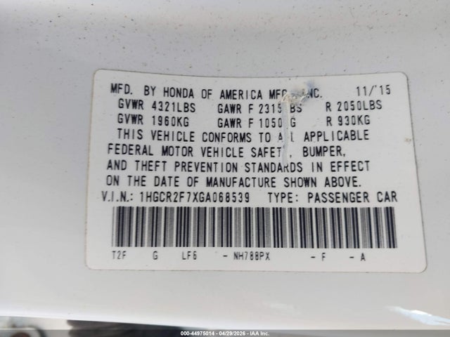 2016 Honda Accord Ex მანქანა იყიდება აუქციონზე, vin: 1HGCR2F7XGA068539, აუქციონის ნომერი: 44975014
