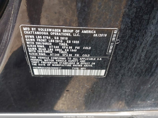 Продажа на аукционе авто 2019 Volkswagen Atlas 3.6l V6 Se W/technology, vin: 1V2WR2CAXKC606017, номер лота: 44975022