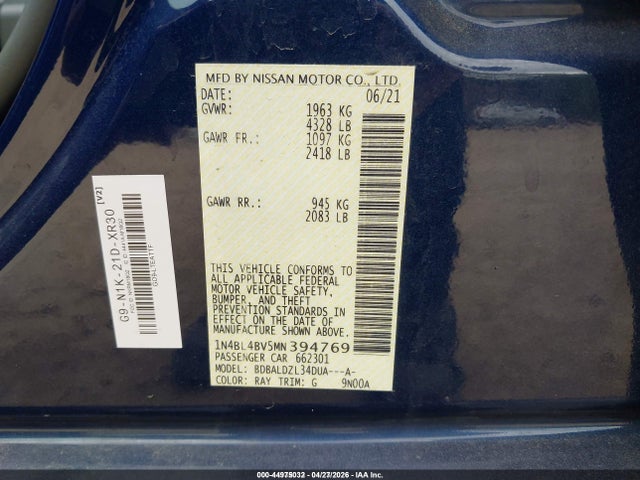44975032 :رقم المزاد ، 1N4BL4BV5MN394769 vin ، 2021 Nissan Altima S Fwd مزاد بيع
