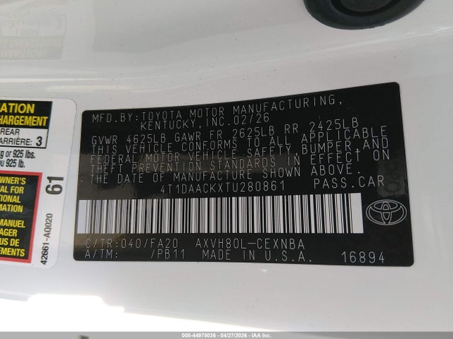 Aukcja sprzedaży 2026 Toyota Camry Le, vin: 4T1DAACKXTU280861, numer aukcji: 44975036