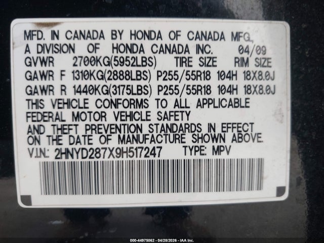 44975062 :رقم المزاد ، 2HNYD287X9H517247 vin ، 2009 Acura Mdx Sport Package مزاد بيع