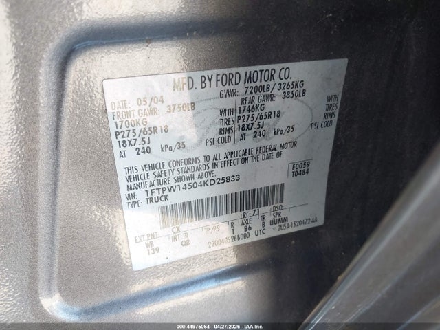 44975064 :رقم المزاد ، 1FTPW14504KD25833 vin ، 2004 Ford F-150 Fx4/lariat/xlt مزاد بيع
