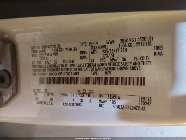 Продажа на аукционе авто 2014 Ford Escape Se, vin: 1FMCU0GXXEUD02492, номер лота: 44975065