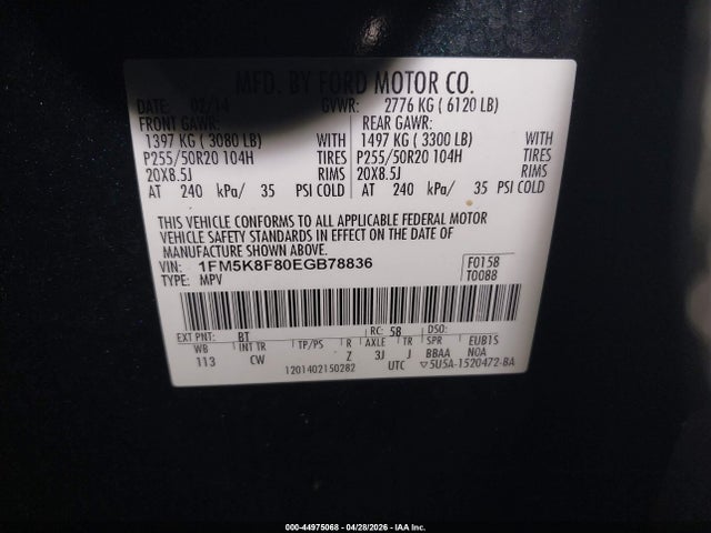 44975068 :رقم المزاد ، 1FM5K8F80EGB78836 vin ، 2014 Ford Explorer Limited مزاد بيع