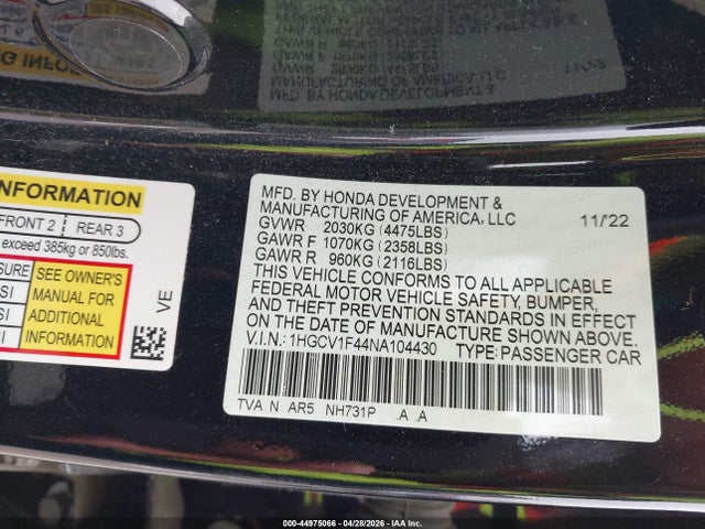 2022 Honda Accord Sport Special Edition მანქანა იყიდება აუქციონზე, vin: 1HGCV1F44NA104430, აუქციონის ნომერი: 44975066