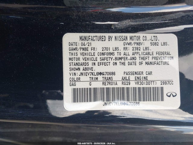 44975070 :رقم المزاد ، JN1EV7KL6MM470686 vin ، 2021 Infiniti Q60 Luxe Awd مزاد بيع