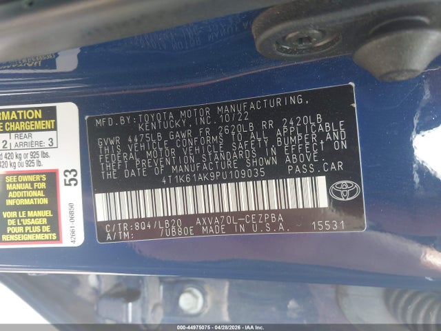 Продаж на аукціоні авто 2023 Toyota Camry Xse, vin: 4T1K61AK9PU109035, номер лоту: 44975075