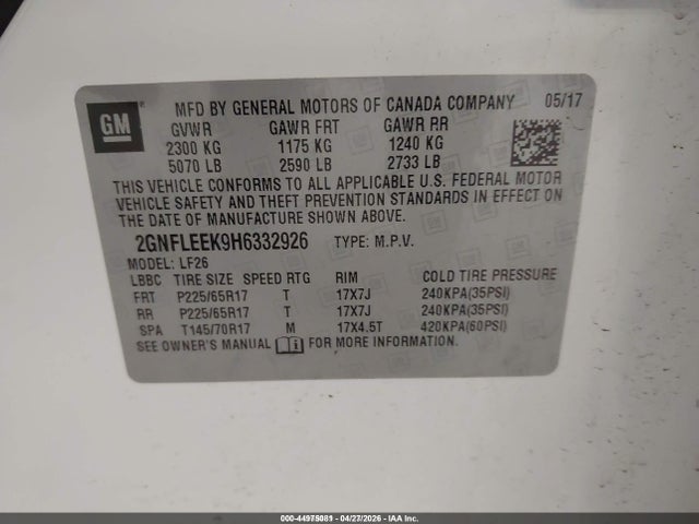 Auction sale of the 2017 Chevrolet Equinox Ls, vin: 2GNFLEEK9H6332926, lot number: 44975081