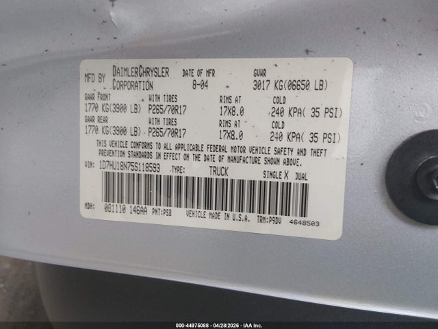 2005 Dodge Ram 1500 St მანქანა იყიდება აუქციონზე, vin: 1D7HU18N75S118593, აუქციონის ნომერი: 44975088