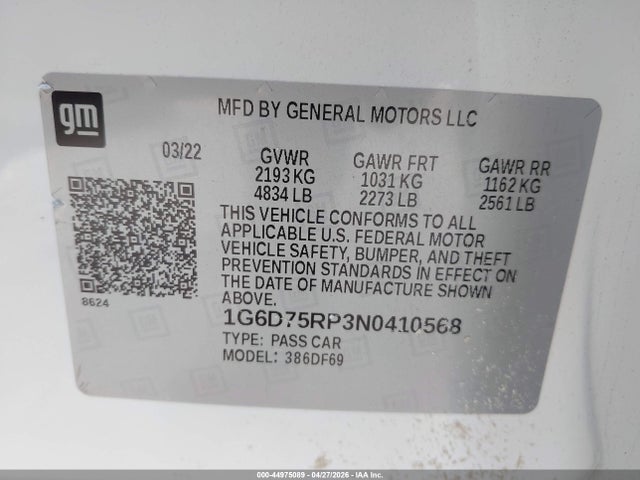 2022 Cadillac Ct4-v V-series Blackwing მანქანა იყიდება აუქციონზე, vin: 1G6D75RP3N0410568, აუქციონის ნომერი: 44975089