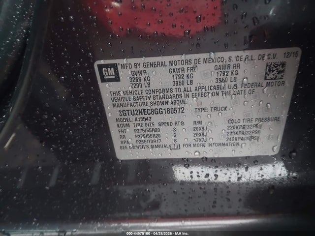 Aukcja sprzedaży 2016 Gmc Sierra 1500 Slt, vin: 3GTU2NEC8GG180572, numer aukcji: 44975100