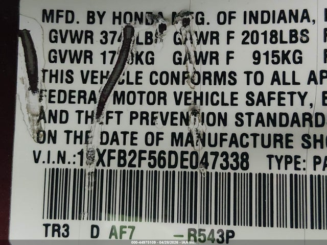 2013 Honda Civic Lx მანქანა იყიდება აუქციონზე, vin: 19XFB2F56DE047338, აუქციონის ნომერი: 44975109