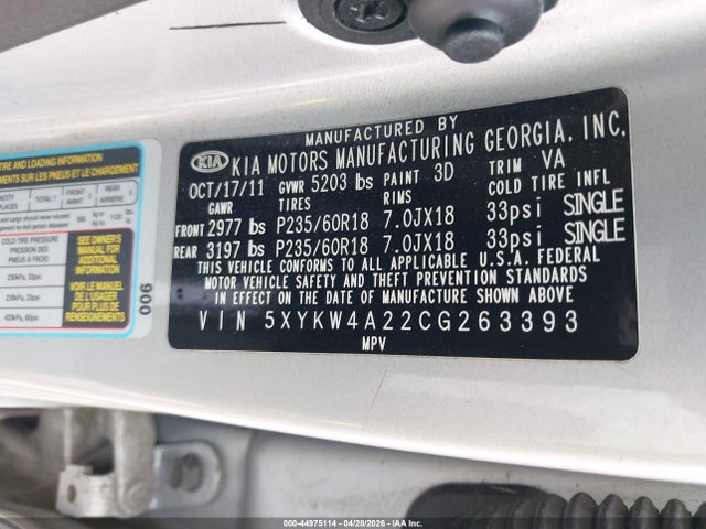 Aukcja sprzedaży 2012 Kia Sorento Sx V6, vin: 5XYKW4A22CG263393, numer aukcji: 44975114