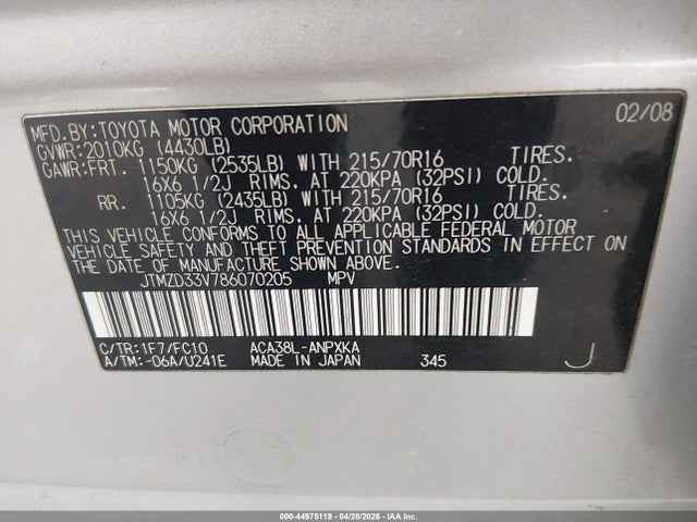 Aukcja sprzedaży 2008 Toyota Rav4, vin: JTMZD33V786070205, numer aukcji: 44975119