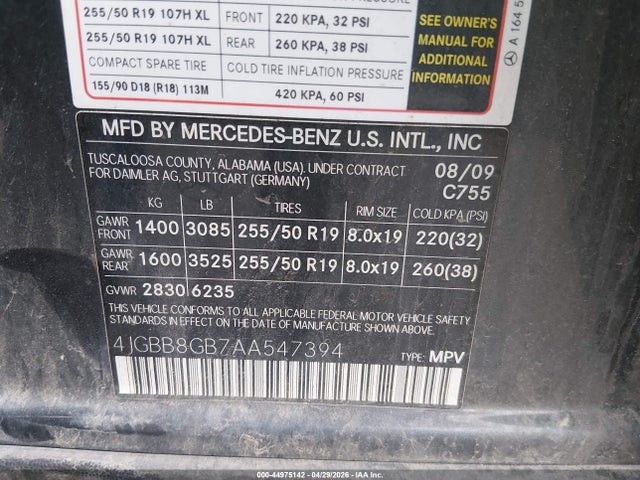 44975142 :رقم المزاد ، 4JGBB8GB7AA547394 vin ، 2010 Mercedes-benz Ml 350 4matic مزاد بيع
