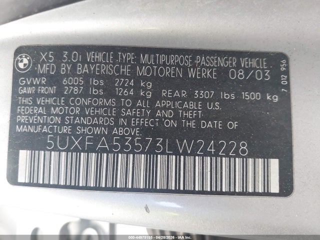 Продаж на аукціоні авто 2003 Bmw X5 3.0i, vin: 5UXFA53573LW24228, номер лоту: 44975155