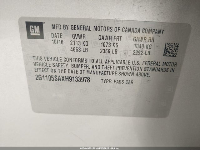 44975156 :رقم المزاد ، 2G1105SAXH9133978 vin ، 2017 Chevrolet Impala 1lt مزاد بيع
