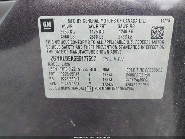 44975162 :رقم المزاد ، 2GNALBEK5E6177697 vin ، 2014 Chevrolet Equinox 1lt مزاد بيع