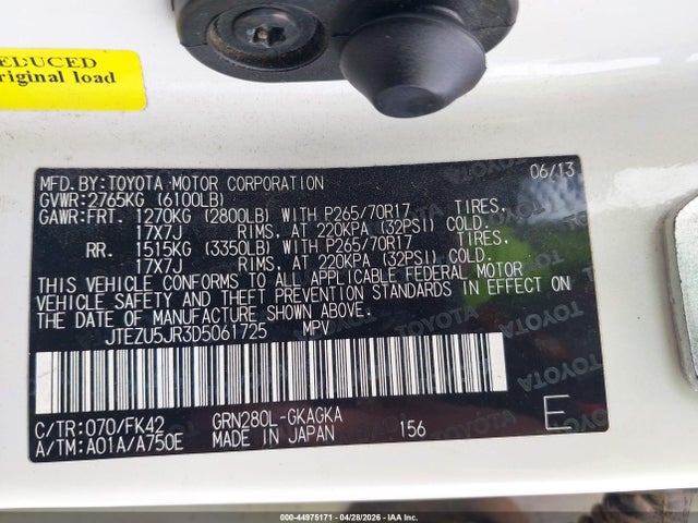 44975171 :رقم المزاد ، JTEZU5JR3D5061725 vin ، 2013 Toyota 4runner Sr5 مزاد بيع