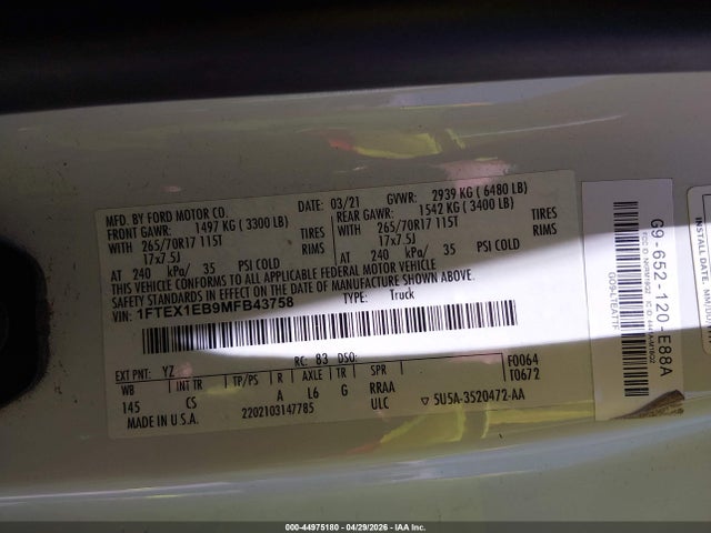 Ford F-150 Xl 2021 1FTEX1EB9MFB43758 Image 9