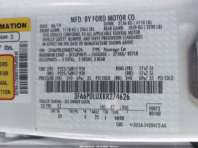 3FA6P0LUXKR274626 Ford Fusion Hybrid Se