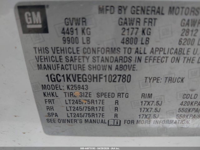 1GC1KVEG9HF102780 Chevrolet Silverado 2500hd Lt