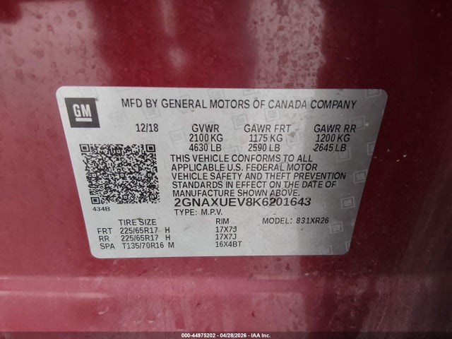 44975202 :رقم المزاد ، 2GNAXUEV8K6201643 vin ، 2019 Chevrolet Equinox Lt مزاد بيع