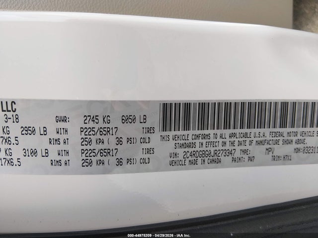 2018 Dodge Grand Caravan Se მანქანა იყიდება აუქციონზე, vin: 2C4RDGBG0JR273347, აუქციონის ნომერი: 44975209