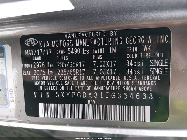 2018 Kia Sorento 2.4l Lx მანქანა იყიდება აუქციონზე, vin: 5XYPGDA31JG354633, აუქციონის ნომერი: 44975218