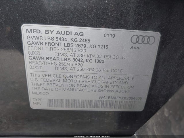Aukcja sprzedaży 2019 Audi Q5 45 Premium, vin: WA1BNAFYXK2054405, numer aukcji: 44975226