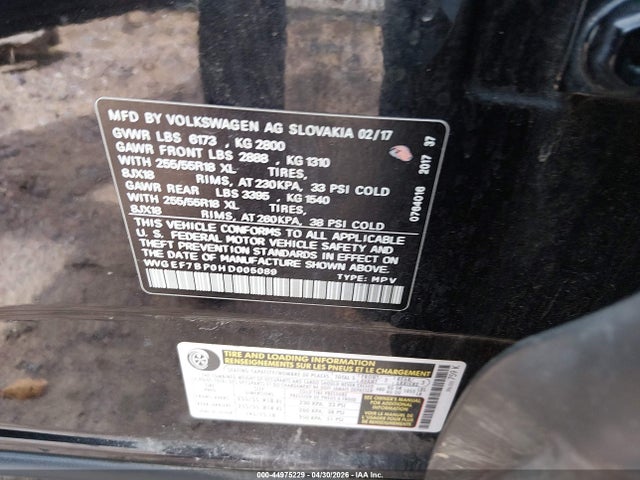 Продаж на аукціоні авто 2017 Volkswagen Touareg V6 Sport, vin: WVGEF7BP0HD005089, номер лоту: 44975229