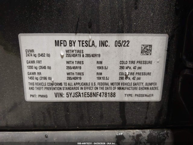 Продажа на аукционе авто 2022 Tesla Model S Dual Motor All-wheel Drive, vin: 5YJSA1E58NF478188, номер лота: 44975231
