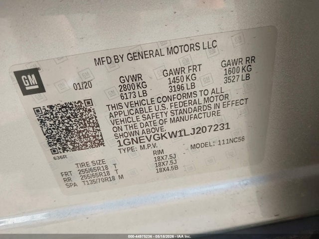 Aukcja sprzedaży 2020 Chevrolet Traverse Awd Lt Cloth, vin: 1GNEVGKW1LJ207231, numer aukcji: 44975236